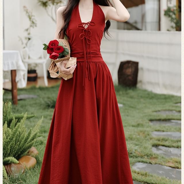 Sleeveless V-Neck Plain Maxi A-Line Dress / Tassel Cardigan / Set