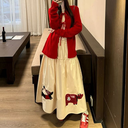 Long-Sleeve Plain Top / Crew Neck Plain Cardigan / High Waist Applique Maxi A-Line Skirt / Set