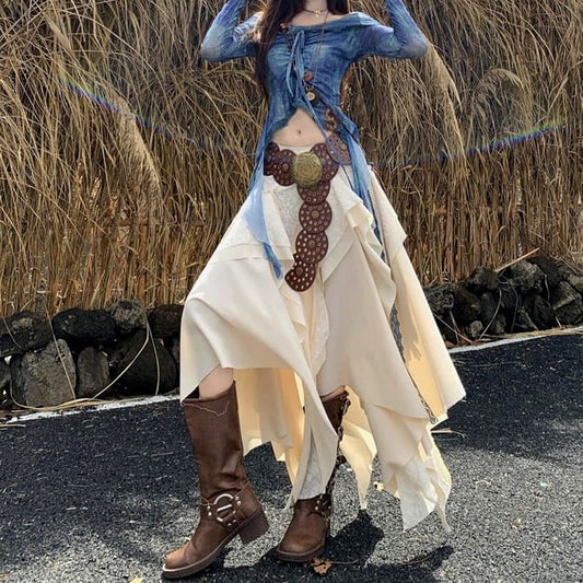 Long-Sleeve Crew Neck Print Crop Top / Mid Rise Plain Ruffle Midi A-Line Skirt / Belt / Set