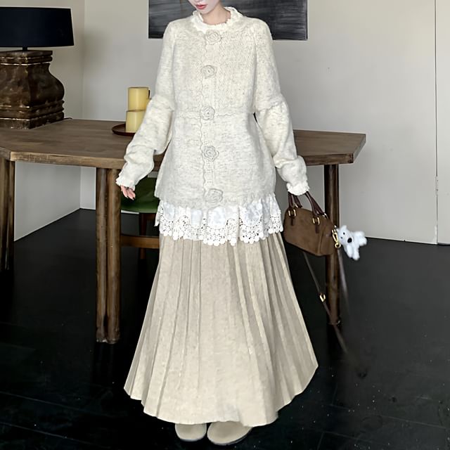 Crew Neck Plain Button Up Cardigan / Long-Sleeve Plain Lace Blouse / High Waist Maxi Pleated Skirt / Set