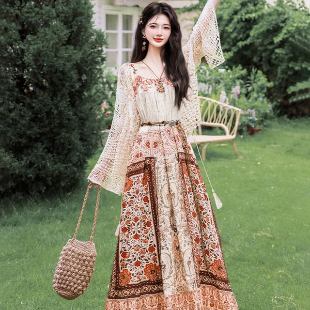 Spaghetti Strap Scoop Neck Floral Maxi A-Line Dress / Pointelle Cardigan / Belt / Set