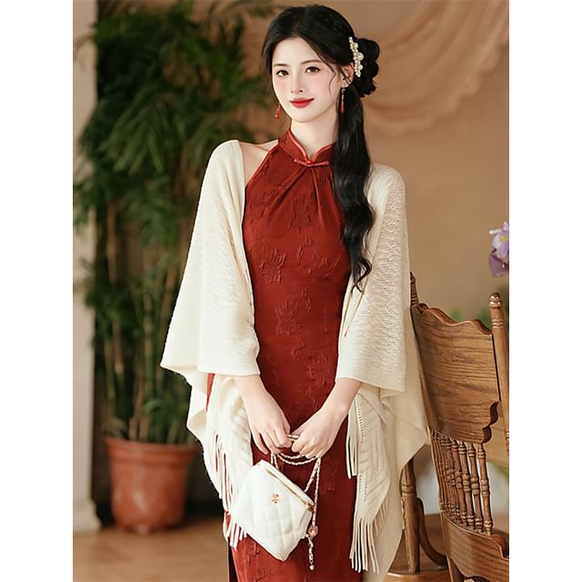 Sleeveless Floral Slit Midi Qipao / Fringe Shawl / Set