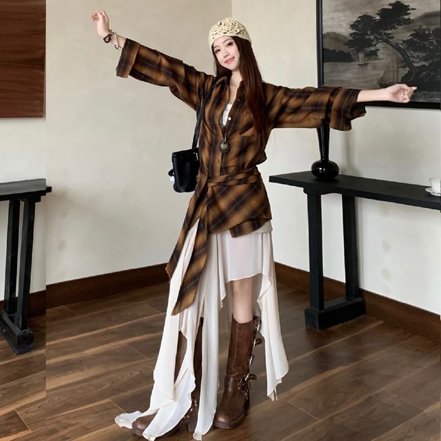 Plaid Oversized Shirt / High Rise Plain Asymmetrical Midi Skirt / Set