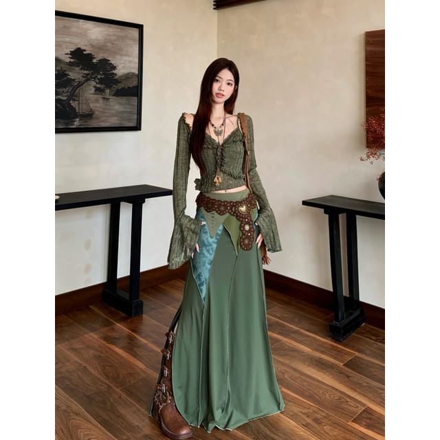 Round Neck Plain Camisole Top / Crop Cardigan / Mid Rise Maxi A-Line Skirt / Belt / Set