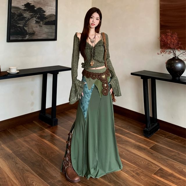 Round Neck Plain Camisole Top / Crop Cardigan / Mid Rise Maxi A-Line Skirt / Belt / Set