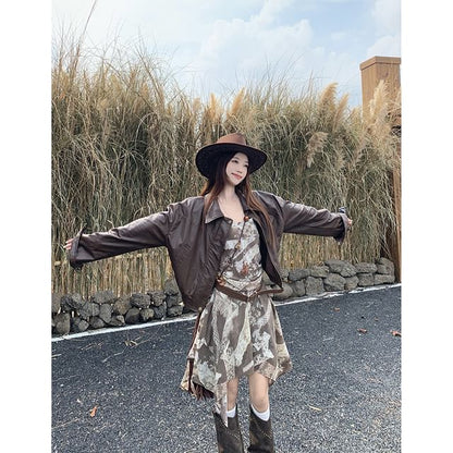 Collared Plain Faux Leather Jacket / Spaghetti Strap Print Mini A-Line Dress / Belt / Set