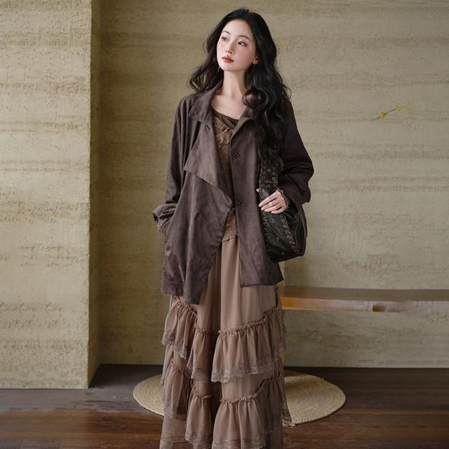 Collared Plain Single Breasted Trench Jacket / Long-Sleeve Scoop Neck Plain Ruffle Trim Top / High Waist Maxi Tiered Skirt / Set