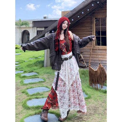 Collared Faux Leather Plain Zip Jacket / Spaghetti Strap Plaid Maxi A-Line Dress / High Waist Lace Maxi Skirt / Belt / Set