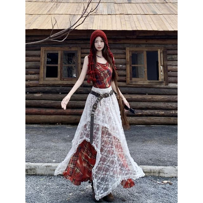 Collared Faux Leather Plain Zip Jacket / Spaghetti Strap Plaid Maxi A-Line Dress / High Waist Lace Maxi Skirt / Belt / Set