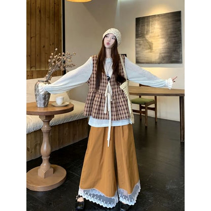 Long-Sleeve Crew Neck Plain T-Shirt / V-Neck Plaid Vest / High Rise Wide Leg Pants / Set