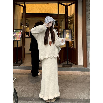 Lace Hooded Round Neck Plain Oversized Sweater / High Rise Maxi A-Line Skirt / Set