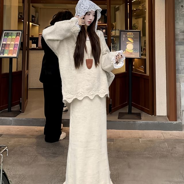 Lace Hooded Round Neck Plain Oversized Sweater / High Rise Maxi A-Line Skirt / Set