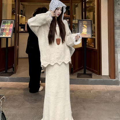 Lace Hooded Round Neck Plain Oversized Sweater / High Rise Maxi A-Line Skirt / Set