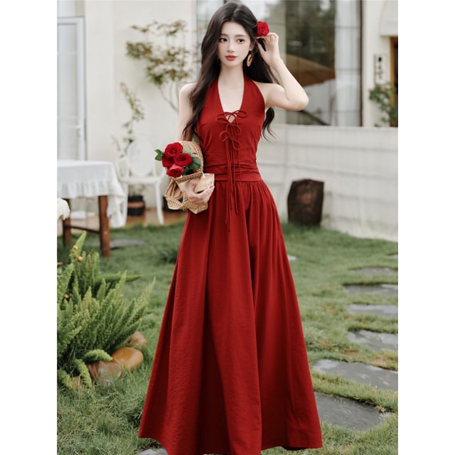 Sleeveless V-Neck Plain Maxi A-Line Dress / Tassel Cardigan / Set