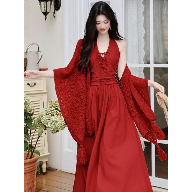 Sleeveless V-Neck Plain Maxi A-Line Dress / Tassel Cardigan / Set