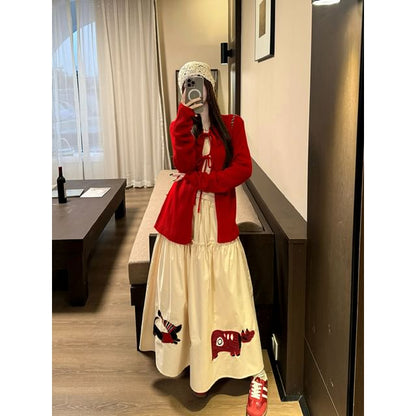 Long-Sleeve Plain Top / Crew Neck Plain Cardigan / High Waist Applique Maxi A-Line Skirt / Set