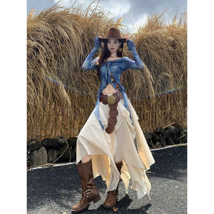 Long-Sleeve Crew Neck Print Crop Top / Mid Rise Plain Ruffle Midi A-Line Skirt / Belt / Set