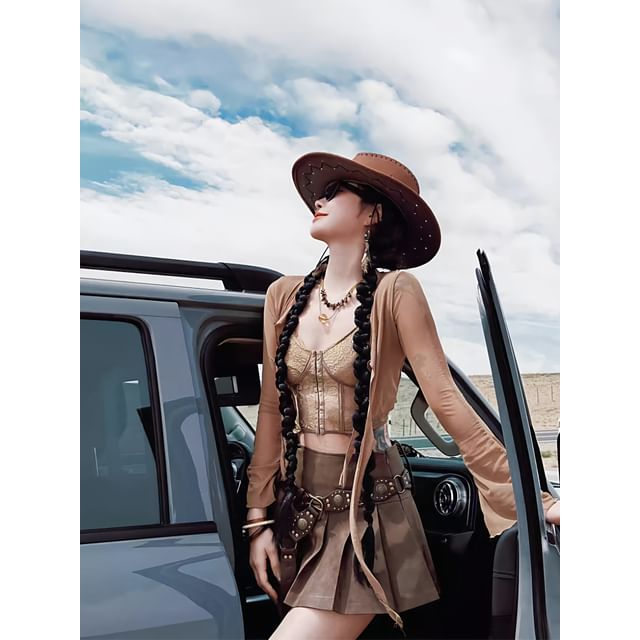 Scoop Neck Plain Bustier Top / High Rise Mini Pleated Skirt / Plain Light Jacket / Belt / Set