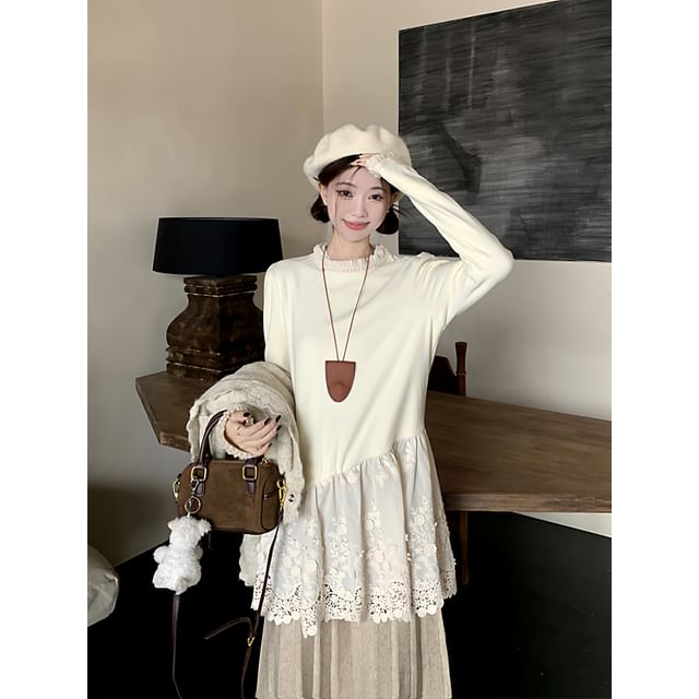 Crew Neck Plain Button Up Cardigan / Long-Sleeve Plain Lace Blouse / High Waist Maxi Pleated Skirt / Set