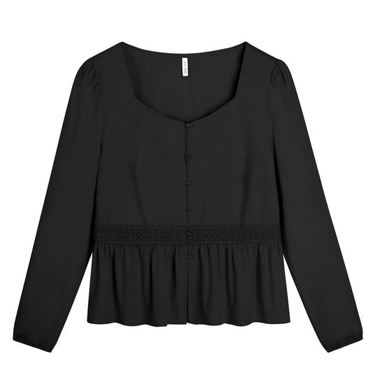 Long-Sleeve Square Neck Lace Panel Button-Up Plain Blouse