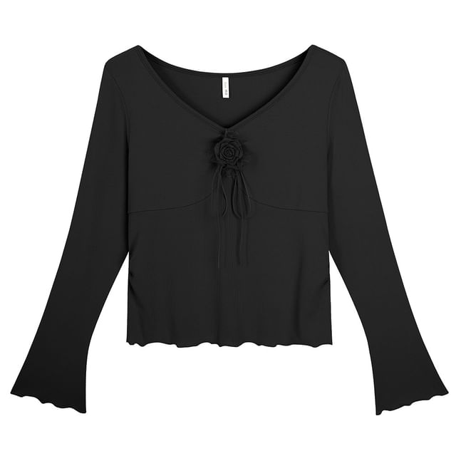 Long-Sleeve V-Neck Plain Flower Accent Lettuce Edge T-Shirt