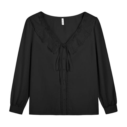 Long-Sleeve Ruffle Collar Lace Trim Button-Up Plain Blouse