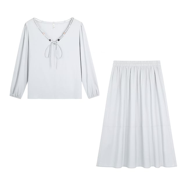 Set: Long-Sleeve V-Neck Plain Beaded Tie Front Blouse + High Waist Midi A-Line Skirt