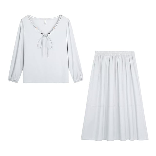 Set: Long-Sleeve V-Neck Plain Beaded Tie Front Blouse + High Waist Midi A-Line Skirt