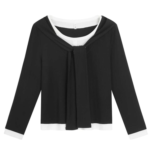 Mock Two-Piece Long-Sleeve Crew Neck Two Tone T-Shirt