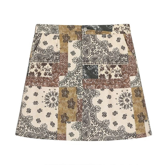 Elastic Waist Patchwork Mini A-Line Skirt