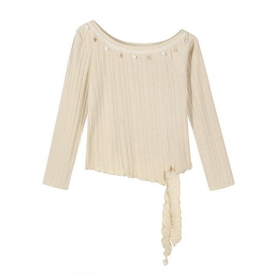 Long-Sleeve Off-Shoulder Shell Accent Lace Trim Lettuce Edge Knit Top