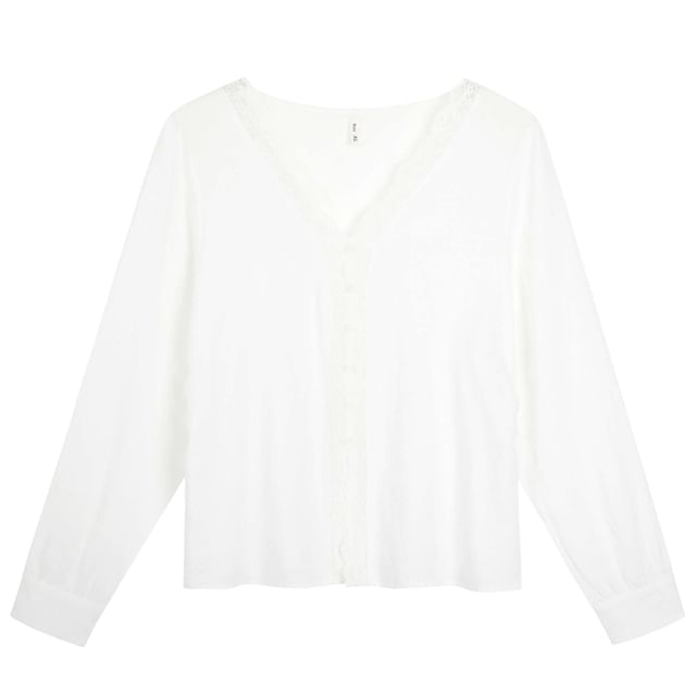 Long-Sleeve V-Neck Lace Trim Button-Up Blouse
