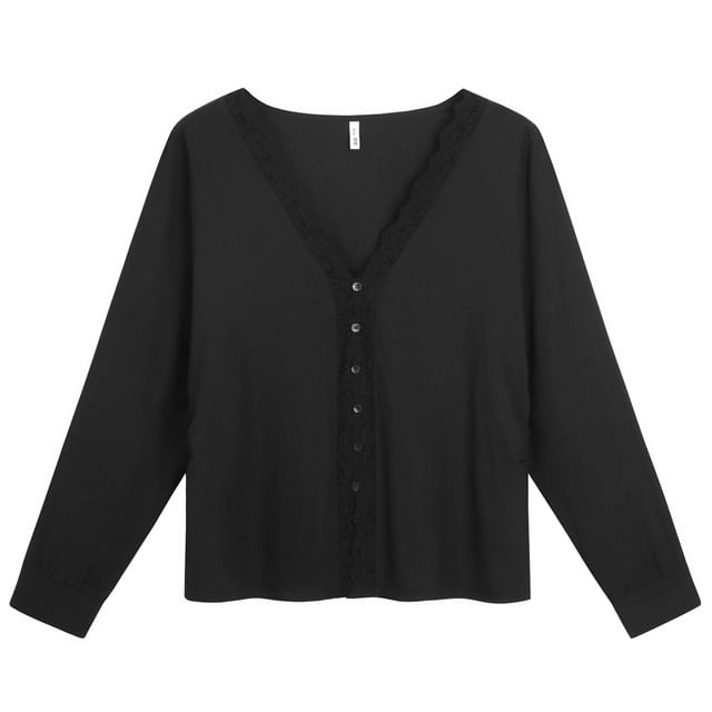 Long-Sleeve V-Neck Lace Trim Button-Up Blouse