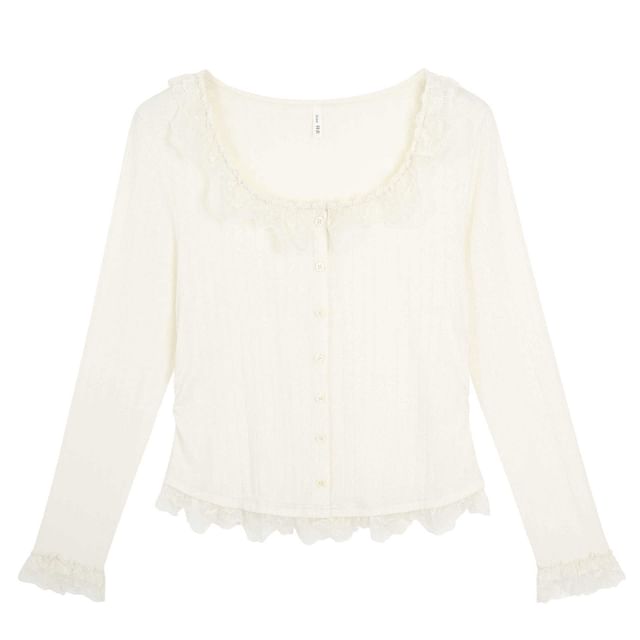 Long-Sleeve Scoop Neck Lace Trim Ruched Button-Up Slim Fit Top