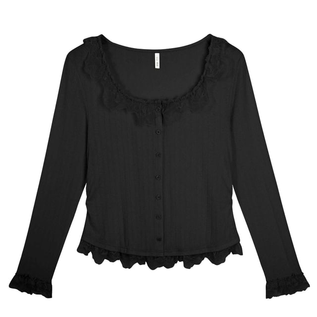 Long-Sleeve Scoop Neck Lace Trim Ruched Button-Up Slim Fit Top