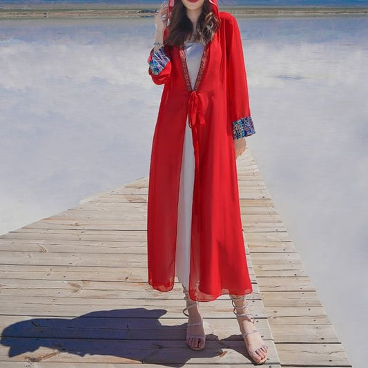 Patterned Embroidered Hood Slit Maxi Tie Front Jacket