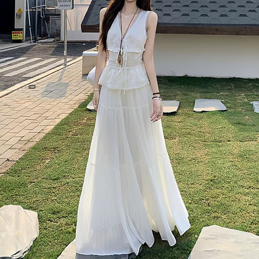 Sleeveless V-Neck Plain Peplum Lace Trim Top / High Waist Tiered Maxi A-Line Skirt / Set (Various Designs)