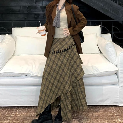 Notch Lapel Plain Faux Suede Single Breasted Blazer / Long Sleeve Scoop Neck Lettering Embroidered T-Shirt / High Rise Plaid Tassel Asymmetrical Maxi A-Line Skirt / Scarf / Set