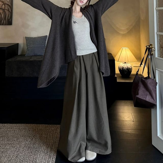 Long Sleeve Scoop Neck Lettering Embroidered Tee / Plain Open Front Cardigan / High Waist Plain Wide Leg Pants / Set