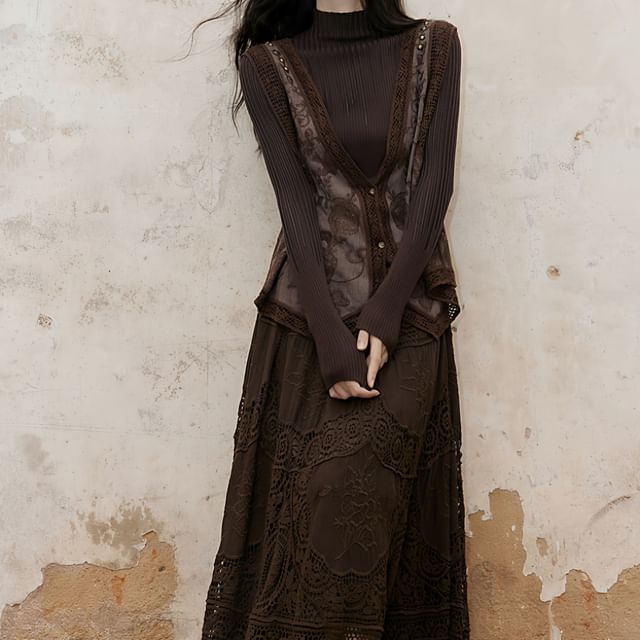 Long Sleeve Mock Neck Plain Ribbed Knit Top / V-Neck Floral Embroidered Button Vest / High Rise Plain Lace Maxi A-Line Skirt / Set