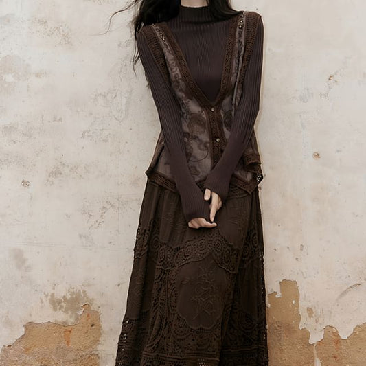 Long Sleeve Mock Neck Plain Ribbed Knit Top / V-Neck Floral Embroidered Button Vest / High Rise Plain Lace Maxi A-Line Skirt / Set