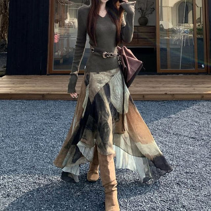 Long Sleeve V-Neck Plain Hood Ribbed Knit Top / High Waist Patterned Print High-Low A-Line Skirt / Belt / Set