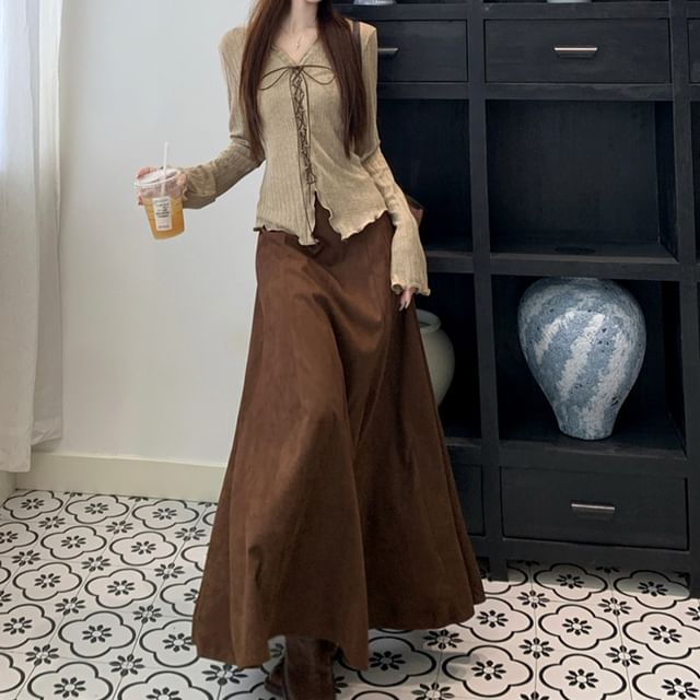 Long Sleeve V-Neck Plain Lettuce Edge Lace Up Top / High Waist Plain Faux Suede Maxi A-Line Skirt / Set
