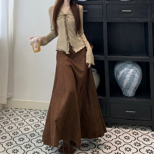 Long Sleeve V-Neck Plain Lettuce Edge Lace Up Top / High Waist Plain Faux Suede Maxi A-Line Skirt / Set