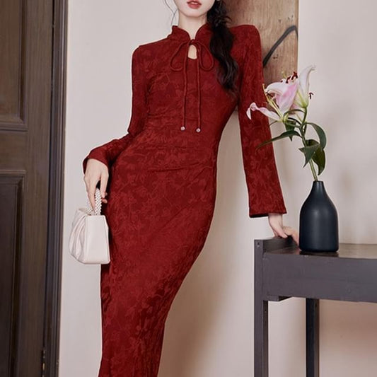 Long Sleeve Mandarin Collar Keyhole Tie-Up Jacquard Maxi Sheath Dress