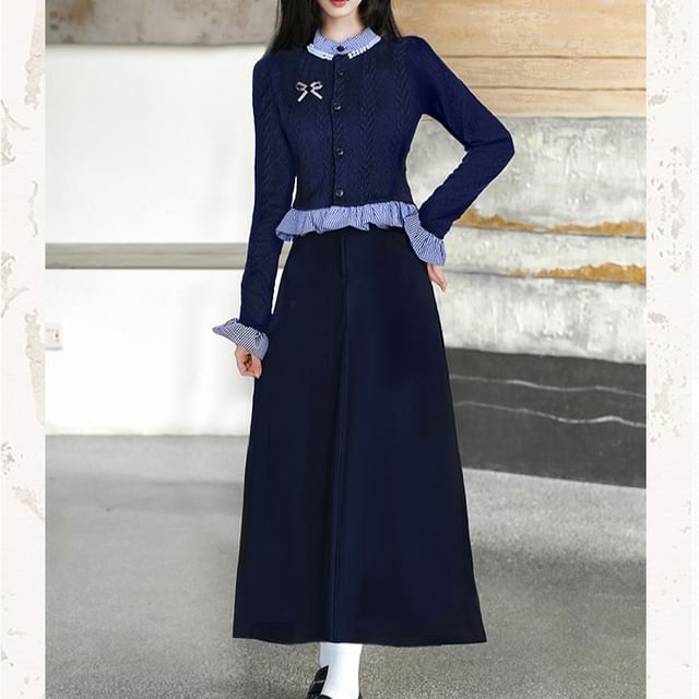 Mock Neck Plaid Ruffle Trim Beaded Cardigan / Brooch / High Waist Plain Maxi A-Line Skirt / Set