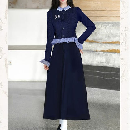 Mock Neck Plaid Ruffle Trim Beaded Cardigan / Brooch / High Waist Plain Maxi A-Line Skirt / Set