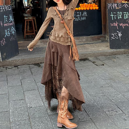 Long Sleeve Halter Ruffle Tiered Mock Two Piece Top / High Rise Plaid Panel Asymmetrical Midi A-Line Skirt / Set