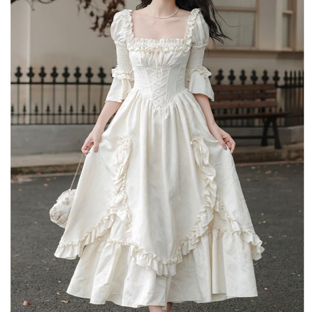 Bell Sleeve Square Neck Plain Bow Ruffle Panel Maxi A-Line Dress / Angel Print Underbust Corset / Set