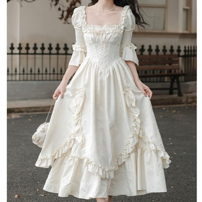 Bell Sleeve Square Neck Plain Bow Ruffle Panel Maxi A-Line Dress / Angel Print Underbust Corset / Set